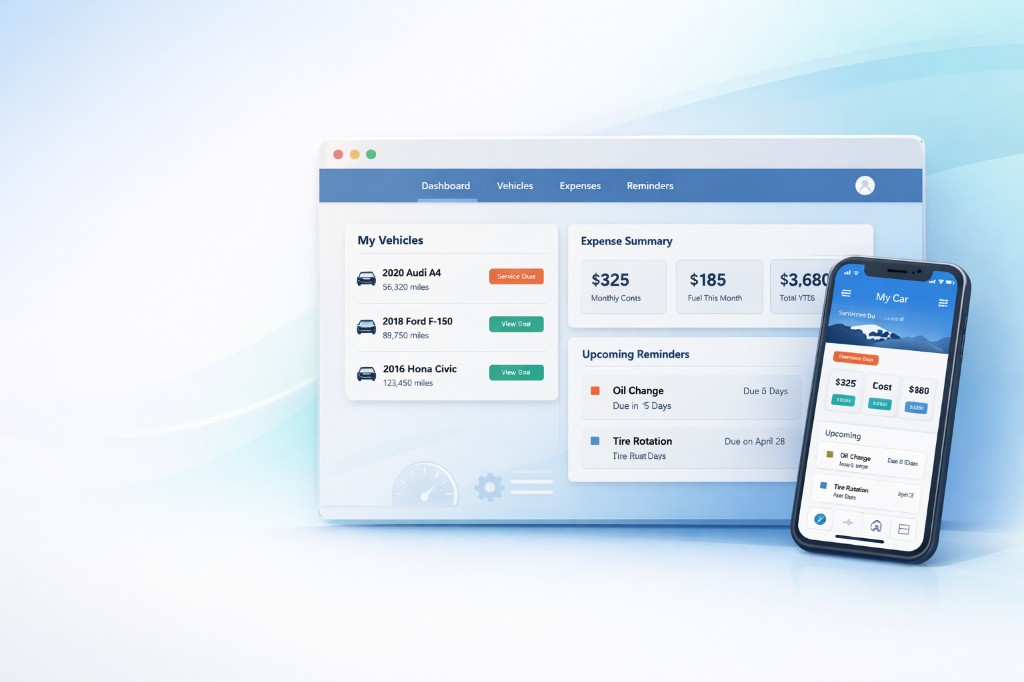 Produktillustration: Desktop-Dashboard und Smartphone-App für Fahrzeuge, Kosten und Wartungserinnerungen.