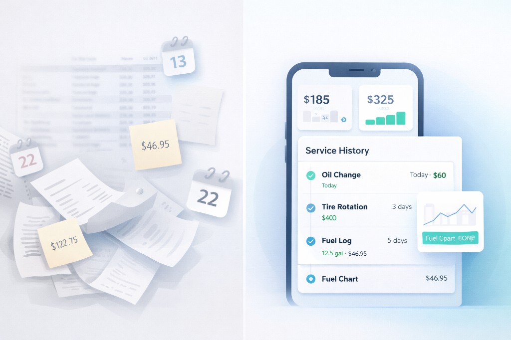 Illustration: unübersichtliche Belege und Notizen versus eine geordnete Mobile-App mit Service-Historie und Kraftstoffkosten.