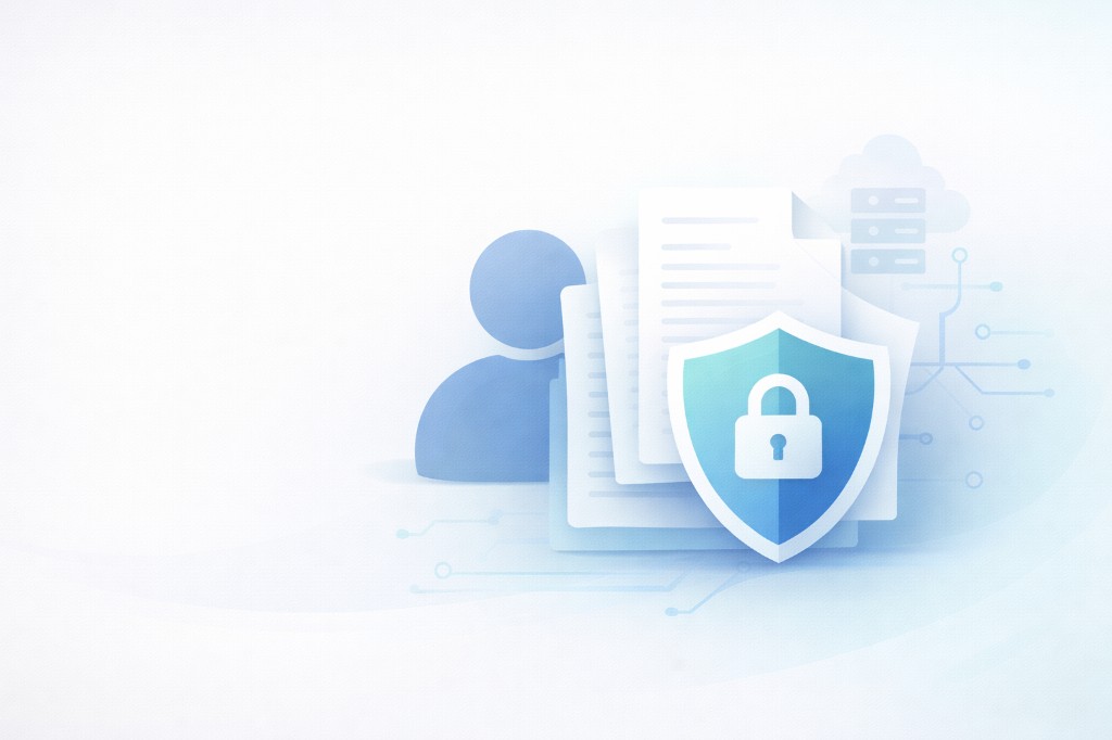 Illustration: Dokumente und Nutzerdaten geschützt durch Schild und Schloss, mit dezenten Cloud- und Netzwerk-Andeutungen.